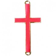 Metal connector charm Cross 46x23mm Gold - pink red